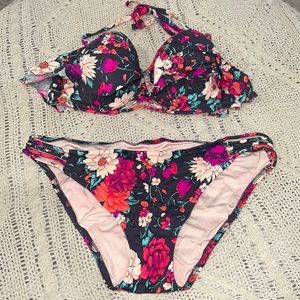 Shade & Shore ruffle bikini padded crisscross gray floral bikini 36C XL